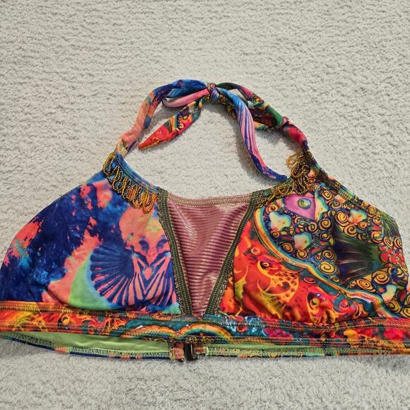 Protokolo Swimwear Abstract Print Beaded Bikini Top Size M Boho Hippie - Picture 1 of 10